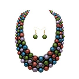 Women's Faux Pearl Three Multi-Strand Statement Necklace and Earrings Set (Dark Multi)