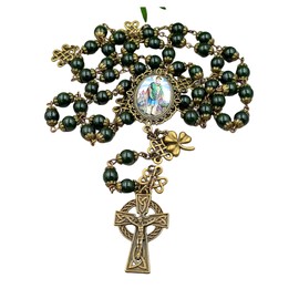 St Patrick Shamrock Irish Celtic Green Jade Bronze tone Rosary Longevity,Health, Happiness,Good luck, Prosperity
