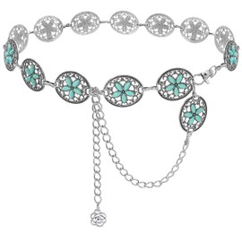 Wovanoo Western Concho Chain Belt for Women Oval Turquoise Adjustable Waist Belt Western Cowgirl Metal Belts 90cm Silver