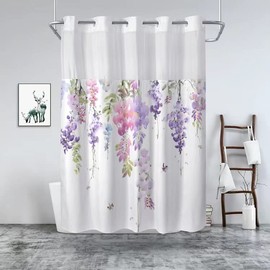 Hookless Shower Curtain 71" W x 76" H, ESLMOC Hookless Shower Curtains for Bathroom Hotel Style Shower Curtain with Window (Plant Violet Style, 1 Set)