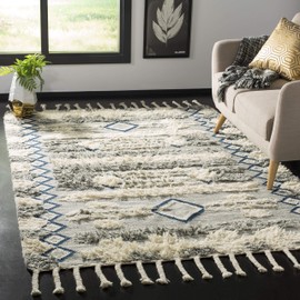 SAFAVIEH Kenya Collection Area Rug - 6' x 9', Grey & Ivory, Hand-Knotted Moroccan Tribal Tassel Wool, Ideal for High Traffic Areas in Living Room, Bedroom (KNY909F)