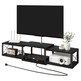 IBUYKE Floating TV Stand with Power Outlet,Wall-Mounted Floating Stand for TVs up to 55",Metal Wall Entertainment Center,Wall Mounted TV Shelf with Storage for Living Room Bedroom,Black UWST011B