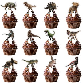 24pcs Dinosaur Dessert Cupcake Topper for Ancient Times Animal Theme Decor Supplies Women Men Happy Birthday Weeding Bachelor Party Decoration