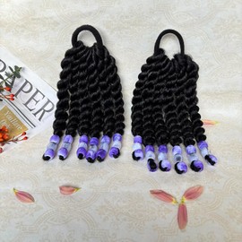 2pcs Kids Ponytail Extension With Beads Two-Strand Twists Braids ponytail Hair Extensions for Kids Braids with Beads Protective Braided Hairstyles for Black Girls(Purple 6inch)