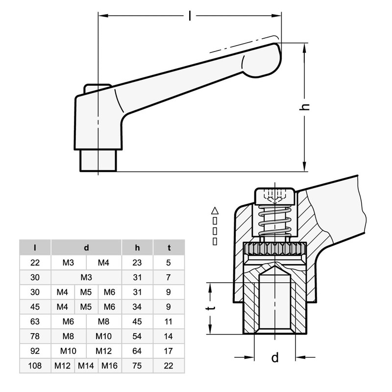 Ganter Normelemente Adjustable clamping lever with threaded bushing, GN 300-30-M3-SW,