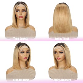 KULYMUWIG Ombre 1B/27 Bob Wig Human Hair 13x4 HD Lace Front Wigs for Black Women 200% Density 12 Inch Blonde Straight Glueless Bob Wigs Human Hair Pre Plucked with Baby Hair