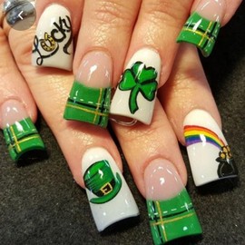 St. Patrick's Day Press on Nails Medium French Tips Fake Nails Green Lucky Clover Short Square St. Patrick's Element Hat Shamrock Stripe Design Irish Holiday St. Patrick Manicure Decoration,24Pcs Kit