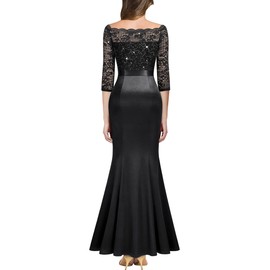 MISSMAY Women's Sexy Off Shoulder Floral Lace Formal Wedding Party Maxi Dress (Medium, Black)