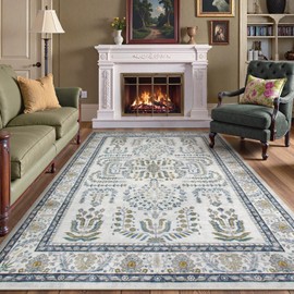 Beeiva Vintage 5x7 Washable Boho Large Area Rug, Rugs for Bedroom Aesthetic, Low-Pile Lightweight Boho Carpet Rug for Living Room Dining Room Kitchen Office Beige (Beige,5'x7')