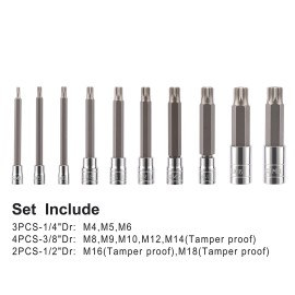 Focus Tool 10 Pcs Spline Tip Bit Socket Set S2 and Cr-V Steel Extra Long 4'' Length M4-M18