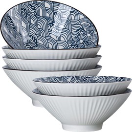 Dyware 38 oz Japanese Ramen Bowls Set of 6, Large Pho Bowls, 8 Inch Ceramic Blue and White Soup Bowls, Wave Pattern