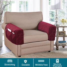 Turquoize Velvet Armrest Covers for Chairs and Sofas Couch Armrest Cover for Recliner with Side Pocket Non-Slip Arm Covers Protector for Dogs Washable Armrest Slipcovers Set of 2, Burgundy