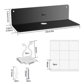 OIJOIYOI Pack of 3 Wall Shelves, Acrylic Floating Shelf, Wall No Drilling, Floating Shelf, Shelf Wall Space, Acrylic Shelf for Bathroom, Living Room, Bedroom, Kitchen, Office, with Cable Clips, Black