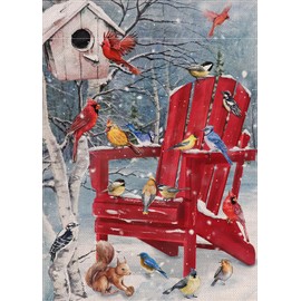 Covido Home Decorative Winter Red Chair Birds Garden Yard Flag Cardinal Blue Jay Bluebird Chickadee Squirrel Birdhouse Outside Decoration, Christmas Farmhouse Outdoor Small Decor Double Sided 12 x 18
