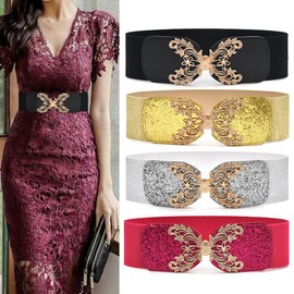 XiFiMak Rose-Flower Buckle Elastic Waist Belts Stretch Wide Cinch Corset Elegant for Women's Gift Wedding Dance Dresses, Gold-buckle,rose Red, One Size