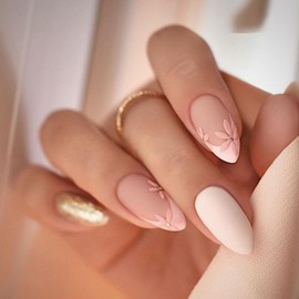 ANDGING French Tip Press on Nails Almond White Medium Length Fake Nails with Glue Fantasy Acrylic Flower Glue on Nails with Design Gel Manicure False Nail for Women Classy Stick ons Nails for Wedding