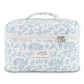 GISMTR Makeup Bag, Floral Quilted Cosmetic Bag, Large Travel Aesthetic Make up Bag, Cute Coquette Toiletry Bag for Women Girls, Flower A-blue