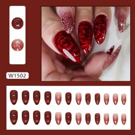 Tyuimhx Red Flower Press On Nails - Medium Almond Glitter False Nails, 24 Pcs