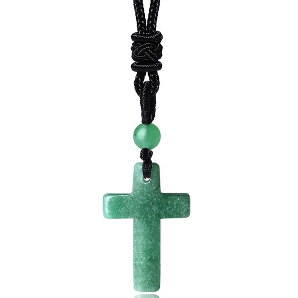QINJIEJIE Green Aventurine Crystals Necklace Cross Crystal Necklaces Adjustable Black Rope Real Stone Gemstone Reiki Energy Quartz Mens Jewelry for Men Women Father's Day Gift