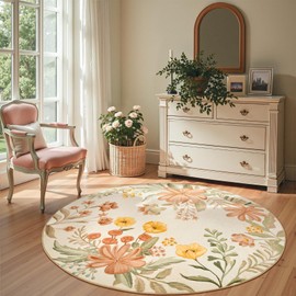 jinchan 5ft Round Spring Summer Floral Area Rug Boho Flower Botanical Rug for Bedroom - Washable Soft Non-Slip Circle 5' Round Accent Rug for Living Room Entryway Dining Room Coral Pink on Beige