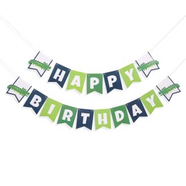 Alligator Happy Birthday Banner – Gator Party Garland for Boys, Crocodile Birthday Decoration Sign, Jungle Reptile Themed Baby Shower Banner, Green Blue Safari Animal Party Decor