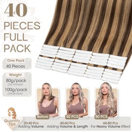 Elailite Tape in Hair Extensions Human Hair 40 Pcs Real Hair - Seamless Skin Weft Remy Hair Extension Straight (4/27 Medium Brown Mix Dark Blonde, 14 Inch-80g)