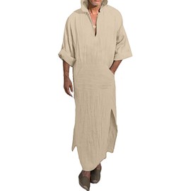 YAOHUOLE Mens Long Sleeve Kaftan Side Split Men Kaftan Long Gown Thobe with Hoodie Khaki XL