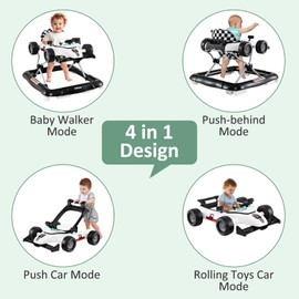 INFANS 4 in 1 Baby Walker, Foldable Toddler Activity Center with Adjustable Height, Padded Seat, Music, Light, Removable Tray, Push Walker for Girls Boys Aged 6-18 Months (Ivory)