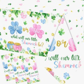 3Pcs St. Patrick's Day Tablecloth,St. Patrick's Day Gender Reveal Party Decorations What Will Our Little Shamrock Be Table Cover He or She Plastic Tablecloth for Lrish Shamrock Baby Shower Supplies