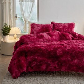 Jameswish Shaggy Plush Duvet Cover Set Super Soft Fluffy Faux Fur Comforter Cover Set Luxury Fuzzy Bedding Set 3 Piece(1Duvet Cover+2Pillowcases) with Zipper Clusure(Burgundy Ombre,King Size)