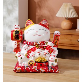 Large Ceramic Maneki Neko Beckoning Lucky Money Cat Waving Arm Good Feng Shui Fortune Happy Smiling Cat Figure 特大招財貓-招財進寶(Good Fortune)