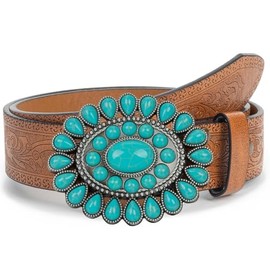 HilyBony Western Turquoise Cowgirl Turquoise Belt Concho Belt for Jeans Pants Dresses for 28-38 Inch Waist, brown