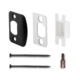 MOSECYOU Standard Door Strike Plate with Reinforced 3" & 1" Torx/Star Screws, Striker Restorer Kit with Spacer Shim Plates, T20 Screw Bit, Wood Dowels (Black, 1 Pack)