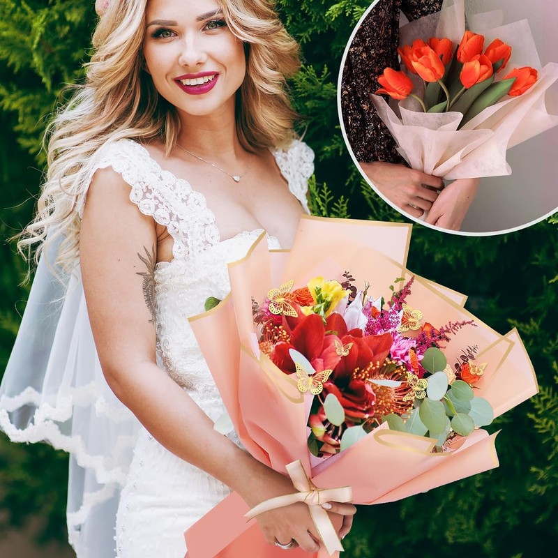 xunhewi 20 Sheets Gold Edge Flower Wrapping Paper Bouquet Packaging