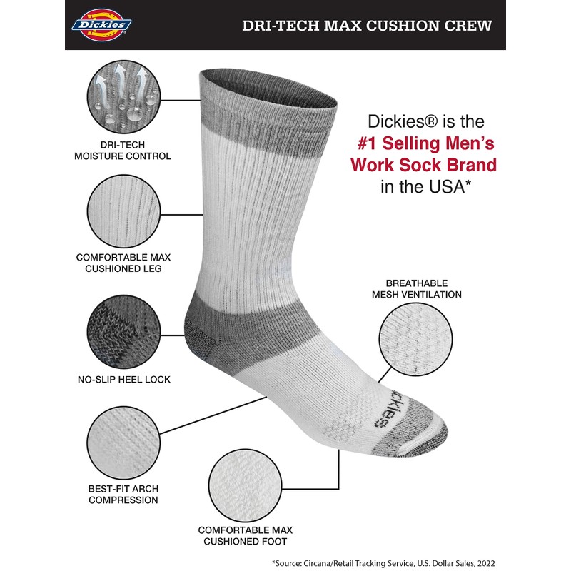 Dickies Men's Dri-Tech Moisture Control Max Full Cushion Crew Socks,