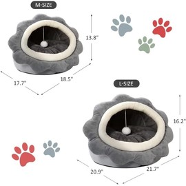 Cat Beds for Indoor Cats - Small Cat Bed with Anti-Slip Bottom, Sunflower-Shaped Cat/Dog Cave with Hanging Toy, Puppy Bed with Removable Cotton Pad, Super Soft Calming, Multiple Sizes(Grey M)