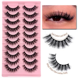 SISIYDY Fluffy Lashes Natural Look 3D 16mm Thick Wispies Short False Eyelashes Soft Faux Mink Lashes Strip D Curl Cat Eyelashes Pack YH009