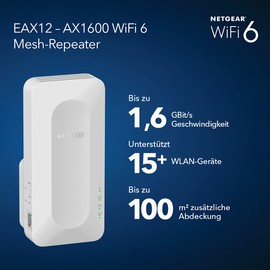 NETGEAR Nighthawk EAX12 WiFi 6 WLAN Mesh Repeater AX1600 WLAN Verstärker, bis zu 100 m² & 15 Geräte, Dual-Band Wifi Geschwindigkeit bis 1600 MBit/s, Smart Roaming