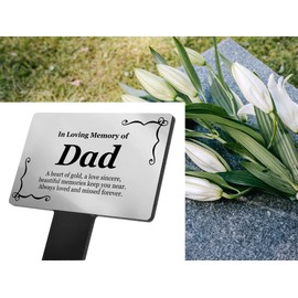 Dad Memorial Plaque, Grave Marker for Cemetery, Outdoor Garden Stake - Decorative bereavement gifts plaque, engraved with 'In Loving Memory Dad', remembrance poem and graphic.