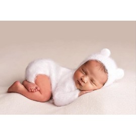 Vomdrok Newborn Photography Props Boys Girls Outfits Baby Photo Props Infant Mohair Bear Hat Romper Photoshoot Costume Boy (White)