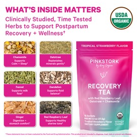 Pink Stork Postpartum Recovery Herbal Tea, Organic Red Raspberry Leaf with Chamomile, Hormone Balance for Women After Labor & Delivery, Strawberry, Postpartum Essentials, Caffeine-Free, 15 Sachets