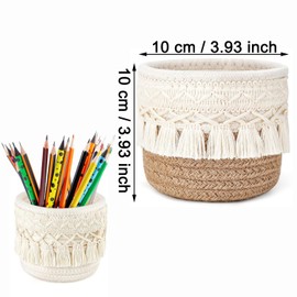 YANJINGHE Pack of 2 Makeup Brush Holders, Braided Mini Basket, 10 x 10 cm - Organiser, Cosmetic Organiser, Boho Style Storage Box for Cosmetic Brushes, Pens, Pencils and Accessories (White, Khaki)