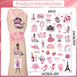 Yoyuspy Pink Paris Temporary Tattoos - 200+ Paris Themed Party Decorations Favors Supplies for Girls Women French Theme Birthday Decor Eiffel Towers Bows Romantic Tattoo Stickers Gifts Rewards