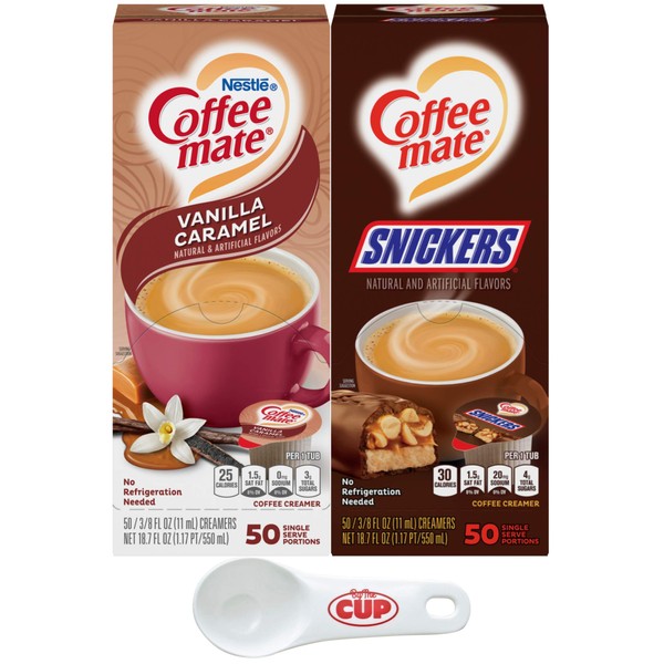 Nestle Coffee mate Liquid Coffee Creamer Singles Variety Pack, Snickers, Vanilla Caramel, 50 Ct Box (Pack of 2) with By The Cup Coffee Scoop