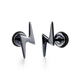 1.2g Lightning Bolt Catilage Stud Earrings for Men Women Punk Minimalist Stainless Steel Piercing Studs Screw Flat Back Hypoallergenic Fashion Jewelry Gift Black Or Silver Plated (Black)