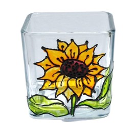 Yellow Sunflower Hand Painted Stained Glass Square Candle Holder