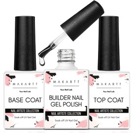 Makartt 3Pcs Builder Nail Gel with Top and Base Coat, Clear Gel Builder Kit for Nails Apex Building Thickening Strengthener Extension Rhinestone in a Bottle, UV Light Lamp Required