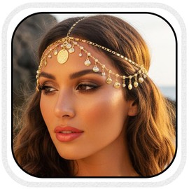 Aukmla Boho Head Chain Shell Headpiece Layered Rhinestone Forehead Headband for Women (Gold, One Size)
