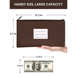 10-Pack Bank Deposit Money Bags with Zipper, PU Leather Cash Pouches with Label, 11 x 6 Inches, for Coins, Cosmetics, Bills, Tools, Brown