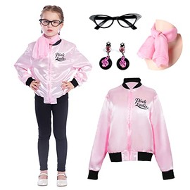 Sincere Party La chaqueta de grasa de mujer rosa vuelve a los años 50 con gafas, bufandas, pendientes, ropa de grasa de niña grande 6-8